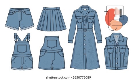 Coleção de vestuário jeans elegante para mulheres, incluindo shorts saia vestido macacões e colete