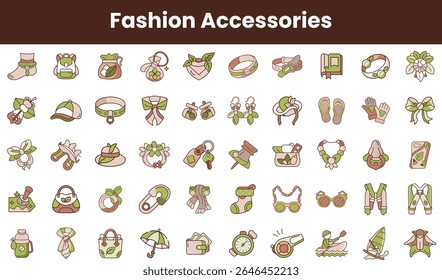 A collection of stylish fashion accessories illustrated in a playful, minimalist design featuring various shades of green and brown.
