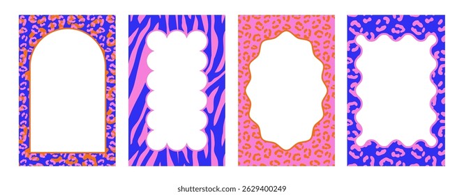 Collection of stylish fashion frames with leopard, cheetah skin pattern, gold chains, textured. Wallpaper, cards, vertical posters, abstract backgrounds and template design