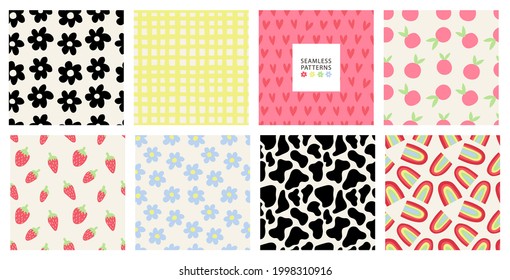 Collection of stylish, funky vector patterns with berries, flowers, rainbows, dots. Seamless backgrounds with modern style ornaments. Bright abstract texture for paper, fabric, souvenirs