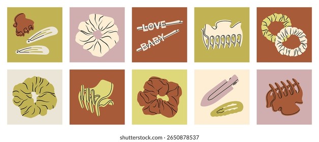 Coleção de elegantes grampos de garra de cabelo, barretes e alfinetes de cabelo. Pode ser usado em conceitos de moda, revistas de beleza, lojas on-line, guias de penteado e marcas comerciais. Ilustração vetorial.