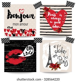 Collection of stylish hand drawn typography cards. Paris, France romantic retro backgrounds with slogan. Hello, my love sign.