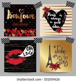 Collection of stylish hand drawn typography cards. Paris, France romantic retro backgrounds with slogan. Hello, my love sign.