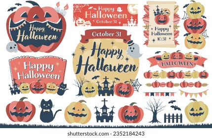 Collection of stylish hand-drawn autumn style Halloween pumpkin vector frames and illustrations