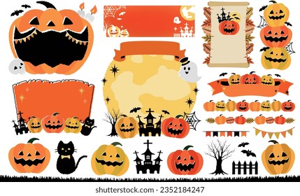 Collection of stylish hand-drawn autumn style Halloween pumpkin vector frames and illustrations