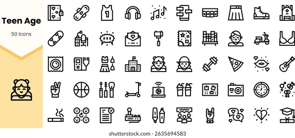 A collection of stylish icons representing the diverse interests and activities of teenagers, including music, sports, fashion, and technology.