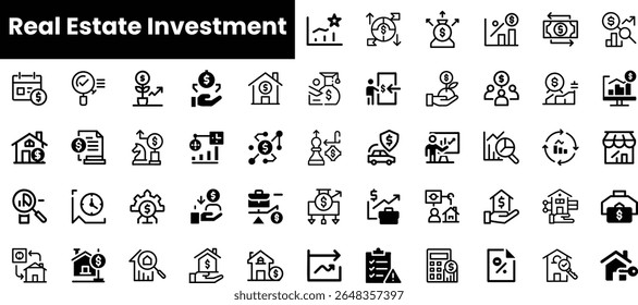 Uma coleção de ícones elegantes que representam vários aspectos do investimento imobiliário, incluindo propriedades, finanças e análise de mercado, perfeito para apresentações financeiras.