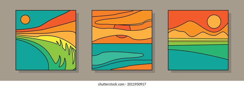 Collection of stylish illustrations of the ocean, sea, hills and sun in vibrant hues. Sticker or print for a clothes, T-shirt, postcard or banner. Cover in the style of the 60s - 70s, Vector EPS 10
