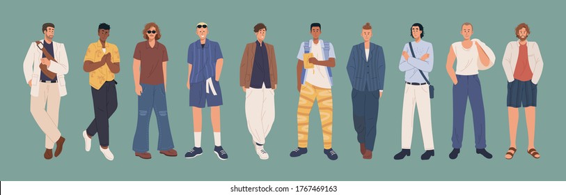 Collection of stylish men dressed in casual and formal trendy clothes. Young fashionable men. Flat cartoon illustration
