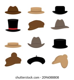 Collection of stylish men's hats of various types - hats, caps, caps isolated on white background. Colorful vector illustration in flat cartoon style