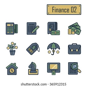 A collection of stylish modern flat icons with thick dark outlines for finance, banking and accounting. For web, presentation, stickers, etc.