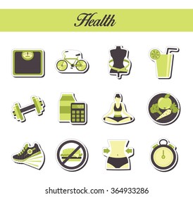 A collection of stylish modern flat sticker icons with pattern coloring for healthy lifestyle, diet and fitness. For web, presentation, stickers, etc.