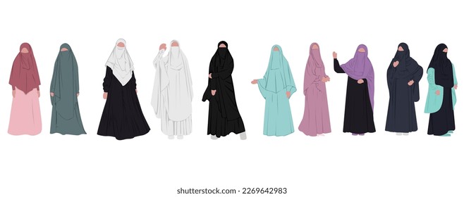 Collection of stylish muslim woman. niqab Hijab muslim woman set. Modern people character in islamic clothes style. hijab vector flat design