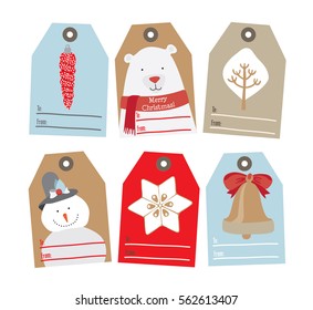 Collection of stylish New year and christmas gift tags. Set of 6 printable hand drawn holiday label in white on craft paper. 