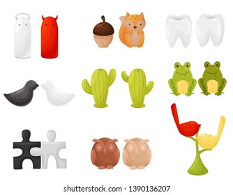 Collection of stylish pairs of salt shakers and pepperbox. Vector illustration.