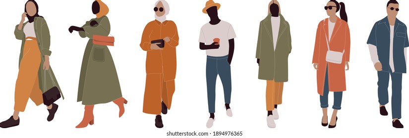 Collection of stylish people dressed in trendy clothes. Set of fashionable casual and formal outfits. Flat cartoon colorful vector illustration.