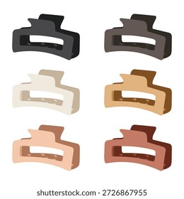 Coleção de plástico elegante retangular cabelo garra clipes. Fosco estilo moderno e paleta de cores para desgaste casual. Cor preta, marrom, pérola, bege, coral, areia, madeira. Ícone de cor plana minimalista conjunto de seis isolados no fundo branco. Conceitos de moda, revistas de beleza, lojas on-line, guias de penteado, salão de cabelo, beleza, clipart de acessório, e marca comercial. Ilustração vetorial EPS 10.
