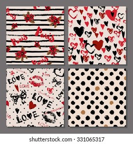 Collection of stylish romantic patterns. Love, Paris, hearts theme.