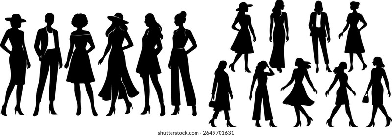 Uma coleção de silhuetas elegantes de mulheres em vários estilos de roupa e poses. A cena capta a essência da moda urbana, refletindo confiança e criatividade no movimento.