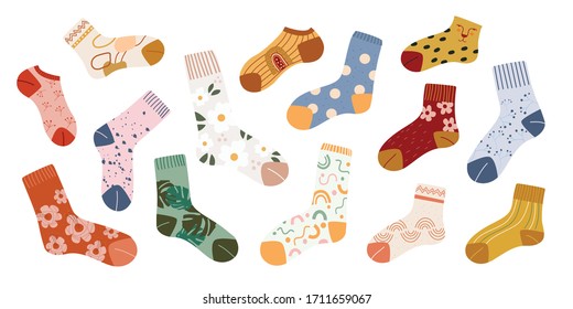 Collection of stylish socks with different textures isolated on white background. Bundle of trendy clothing items. Modern garment or apparel set. Flat cartoon vector illustration.