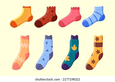 A collection of stylish socks of different textures. Sock collection. Vector illustration