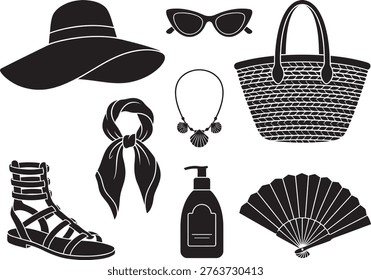 Collection of stylish summer accessories including a widebrimmed hat sunglasses a woven bag and a sandal