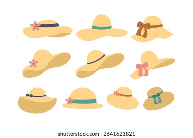 Collection of stylish summer hats with floral and ribbon accents