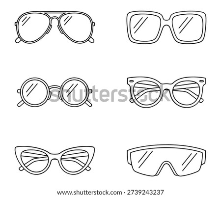Collection Of Stylish Sunglasses And Eyewear Frames In Minimal Line Art Style
