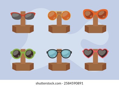 Collection of Stylish Sunglasses on Wooden Stands 2d flat vector illustrations