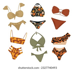 Collection of stylish trendy swimwear in boho colors. Bikini swimwear in flat vector graphic.