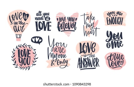 Collection of stylish Valentine's day lettering handwritten with elegant cursive font. Romantic phrases, slogans decorated by pink hearts isolated on white background. Hand drawn vector illustration