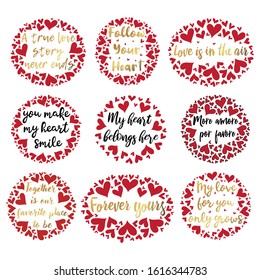 Collection of stylish Valentine's day lettering handwritten with elegant cursive font. Romantic phrases, slogans decorated by pink hearts isolated on white background. Hand drawn vector illustration