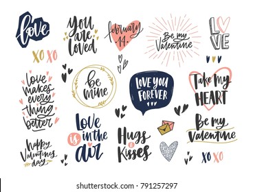 Collection of stylish Valentine's day letterings with various phrases, quotes and holiday wishes decorated by hearts isolated on white background. Colorful modern festive vector illustration.