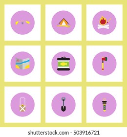 Collection of stylish vector icons in colorful circles Camping stuff
