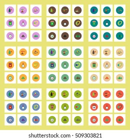 Collection of stylish vector icons in colorful circles Camping equipment