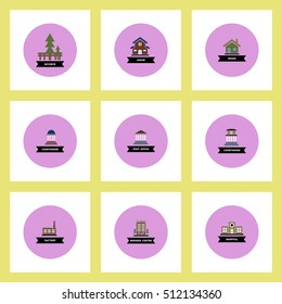 Collection of stylish vector icons in colorful circles different kinds of buildings