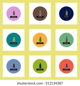 Collection of stylish vector icons in colorful circles building skyscraper