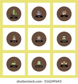 Collection of stylish vector icons in colorful circles different kinds of buildings