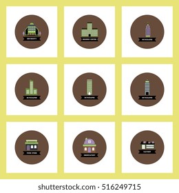 Collection of stylish vector icons in colorful circles different kinds of buildings