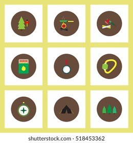 Collection of stylish vector icons in colorful circles Camping equipment