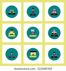 Collection of stylish vector icons in colorful circles different kinds of buildings