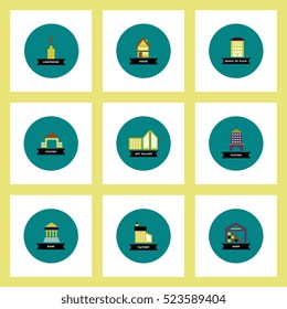 Collection of stylish vector icons in colorful circles different kinds of buildings