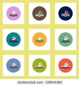 Collection of stylish vector icons in colorful circles man swimmer