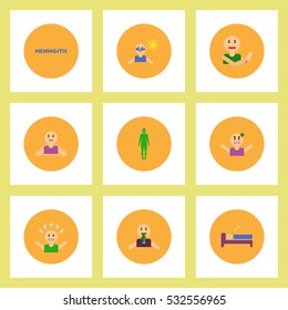 Collection of stylish vector icons in colorful circles symptoms of meningitis