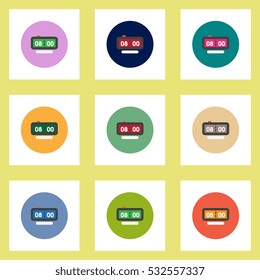 Collection of stylish vector icons in colorful circles digital clock