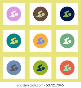 Collection of stylish vector icons in colorful circles man swimmer