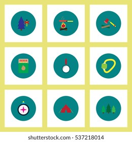 Collection of stylish vector icons in colorful circles Camping equipment