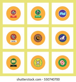 Collection of stylish vector icons in colorful circles Zodiac elements