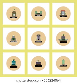 Collection of stylish vector icons in colorful circles different kinds of buildings