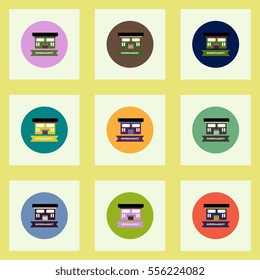 Collection of stylish vector icons in colorful circles building supermarket